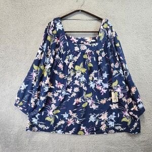 Terra Sky Blouse Womens Plus Size 3X Navy Floral Peasant Blouse Square Neck
